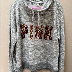 Rare/Vintage- PINK-Victoria's Secret Gray Hoodie with Leopard PINK -Large EUC